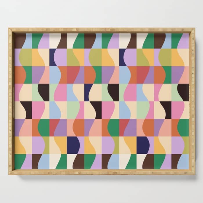 Retro Colorful Wavy Checkerboard Serving Tray