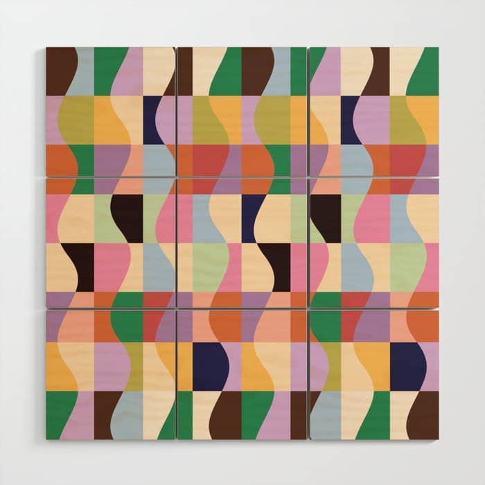 Retro Colorful Wavy Checkerboard Wood Wall Art