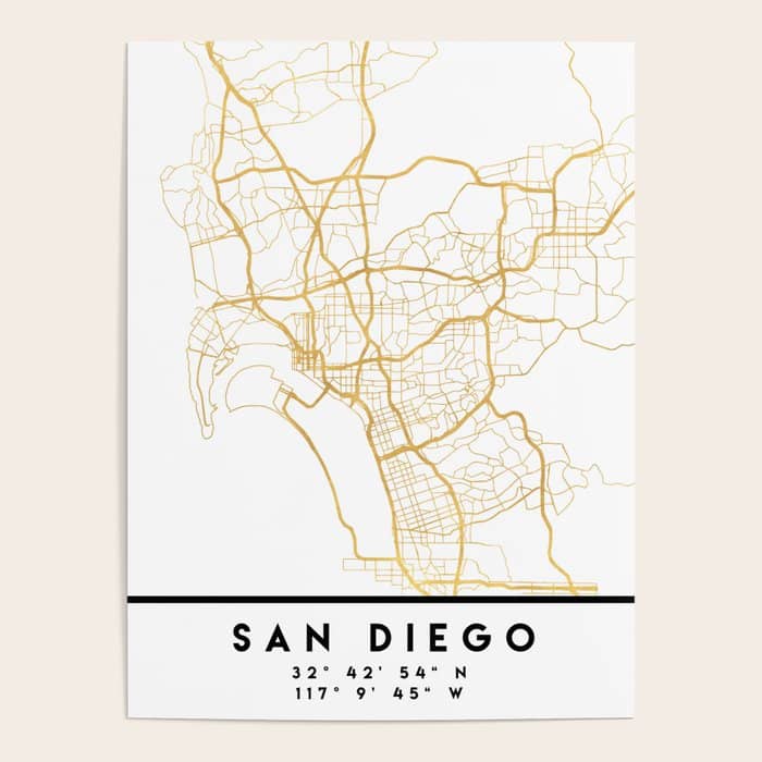 San Diego California City Street Map Art Poster