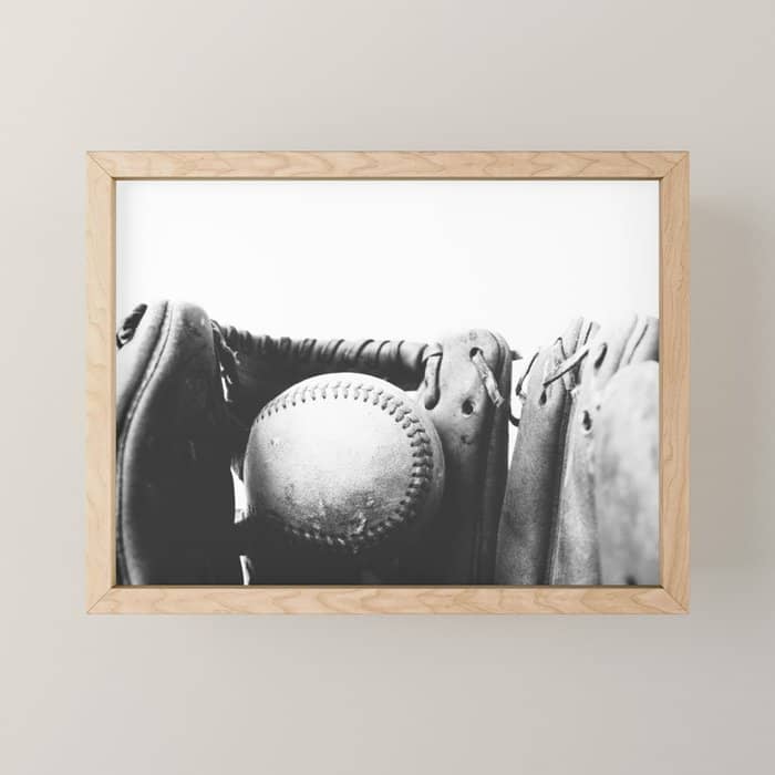 Old Retro Baseball Monochrome Ball And Glove Mini Art Print