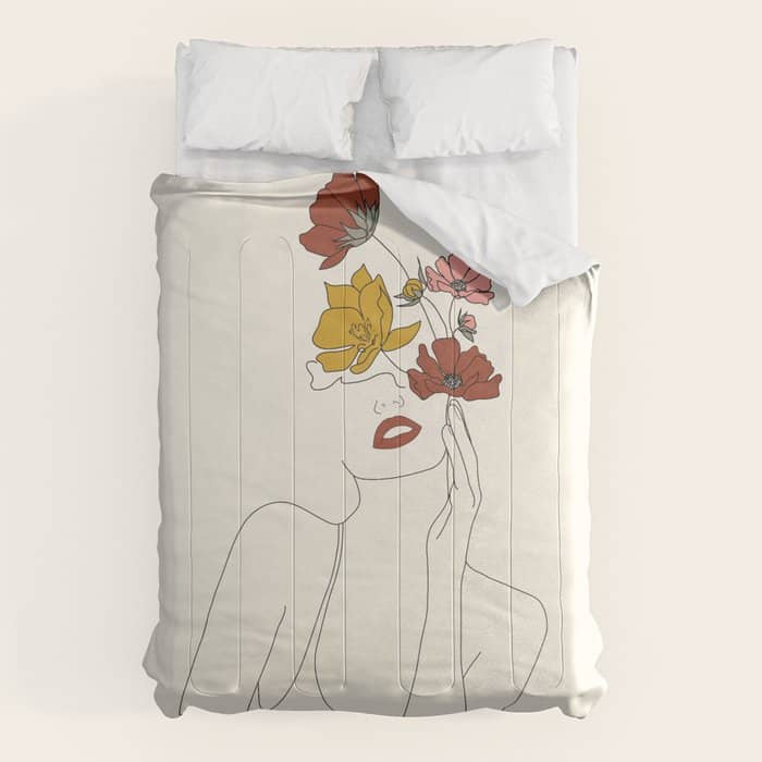 Colorful Thoughts Minimal Line Art Woman With Flowers Comforter