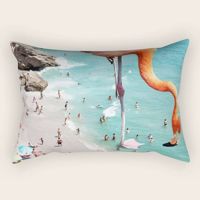 Flamingos On The Beach, Wildlife Surrealism Birds, Nature Flamingo Fantasy Beach Summer Photography Rectangular Pillow