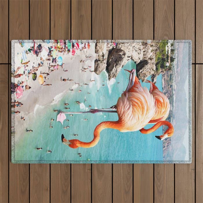 Flamingos On The Beach, Wildlife Surrealism Birds, Nature Flamingo Fantasy Beach Summer Photography Outdoor Rug