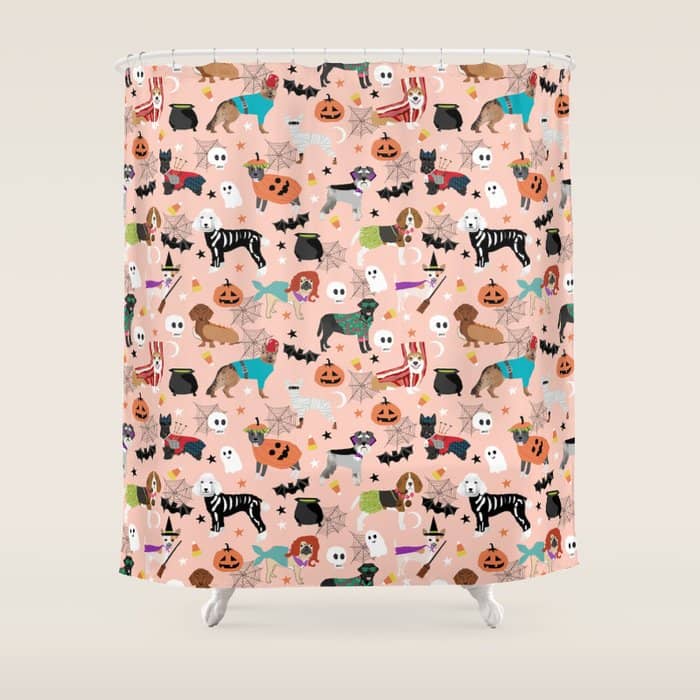 Dogs Halloween Costumes Cute Pumpkin Ghost Skeleton Witch Trick Or Treat Shower Curtain