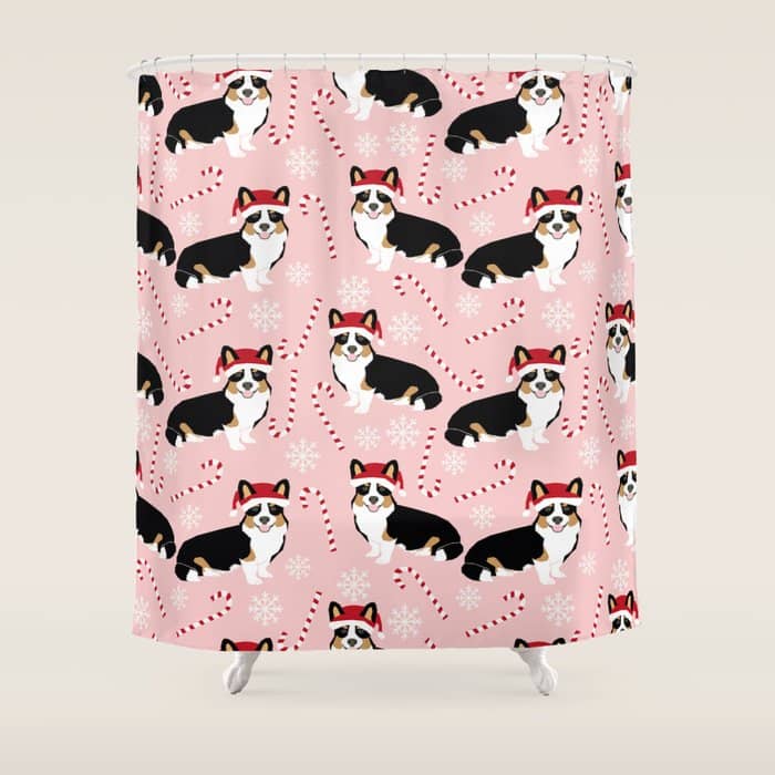 Tri Colored Welsh Corgi Christmas Candy Cane Santa Hat Funny Dog Lover Holiday Gifts Shower Curtain