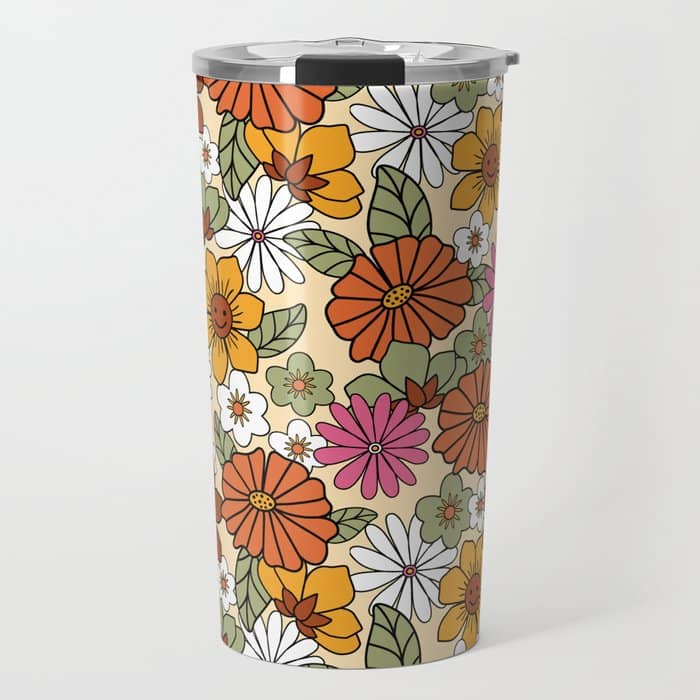 Retro 70s Boho Floral Pattern Travel Mug