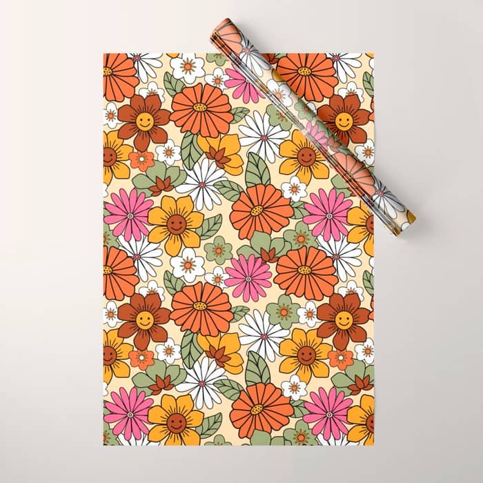 Retro 70s Boho Floral Pattern Wrapping Paper