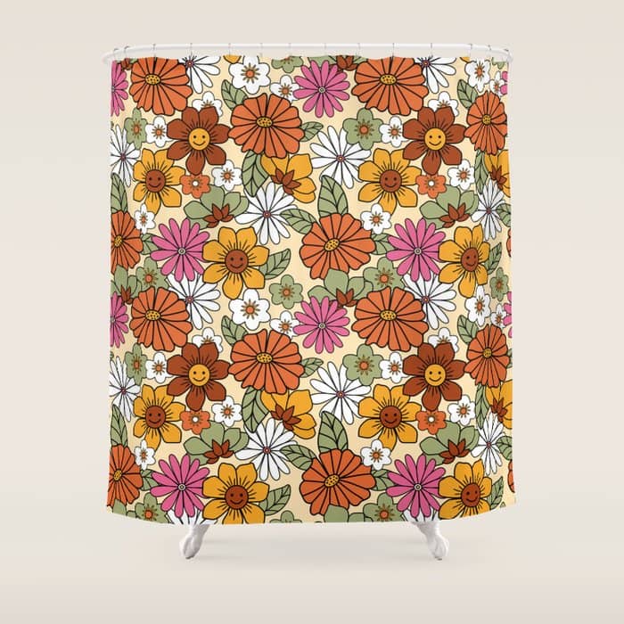 Retro 70s Boho Floral Pattern Shower Curtain