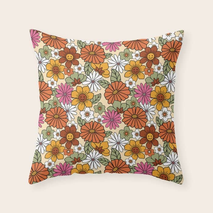Retro 70s Boho Floral Pattern Throw Pillow