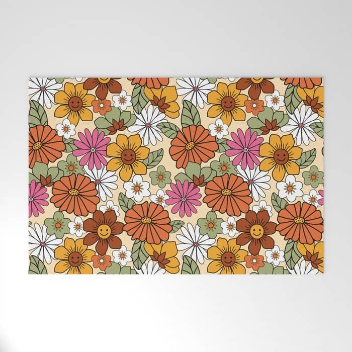 Retro 70s Boho Floral Pattern Welcome Mat