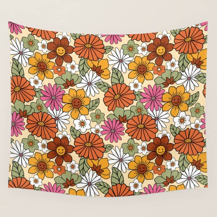 Retro 70s Boho Floral Pattern Wall Tapestry