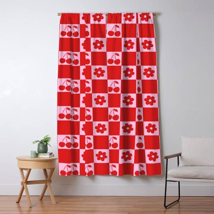 Cherry Flowers Pink & Red Checker Window Curtain