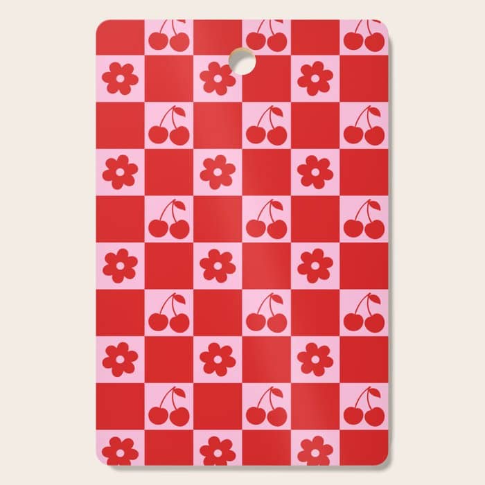 Cherry Flowers Pink & Red Checker Cutting Board
