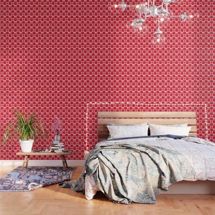 Cherry Flowers Pink & Red Checker Wallpaper