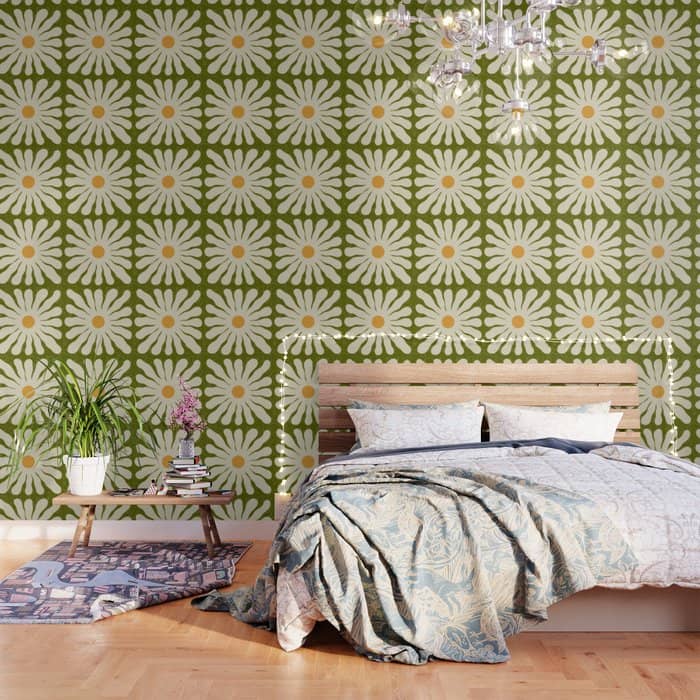 White Daisy Flower 70s Retro Abstract Wallpaper
