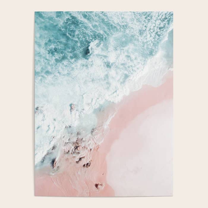 Aerial Ocean Print - Aerial Beach - Pastel Pink Sand - Sea -Travel Photography By Ingrid Beddoes Poster
