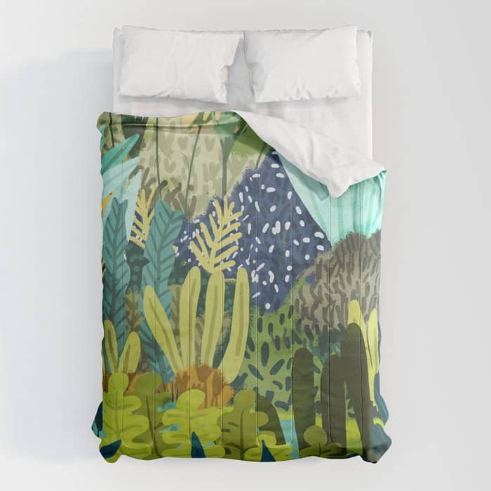 Wild Jungle Painting, Forest Dark Botanical Nature, Plants Tropical Eclectic Modern Illustration Comforter