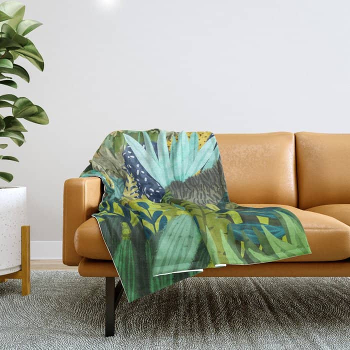 Wild Jungle Painting, Forest Dark Botanical Nature, Plants Tropical Eclectic Modern Illustration Throw Blanket