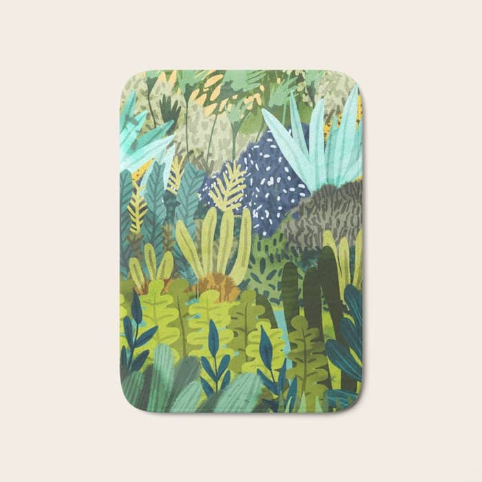 Wild Jungle Painting, Forest Dark Botanical Nature, Plants Tropical Eclectic Modern Illustration Bath Mat