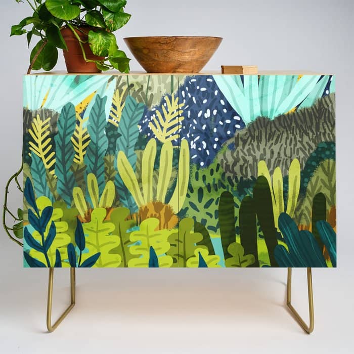 Wild Jungle Painting, Forest Dark Botanical Nature, Plants Tropical Eclectic Modern Illustration Credenza