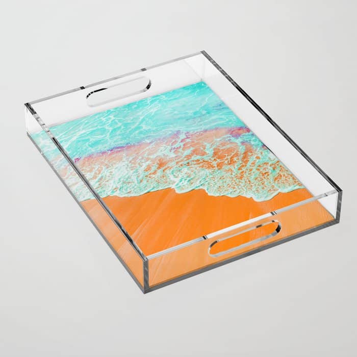 Coral Shore, Ocean Beach Photography, Summer Sea Sand Waves Acrylic Tray
