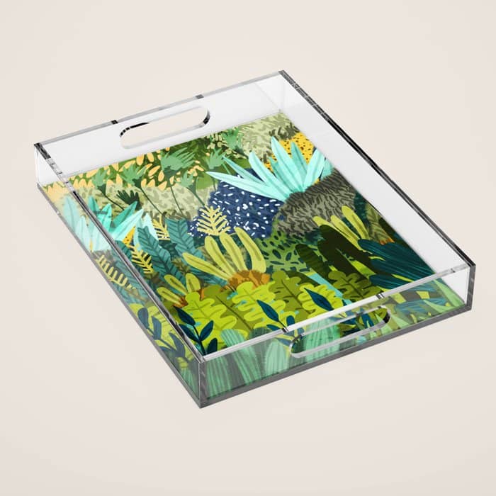 Wild Jungle Painting, Forest Dark Botanical Nature, Plants Tropical Eclectic Modern Illustration Acrylic Tray