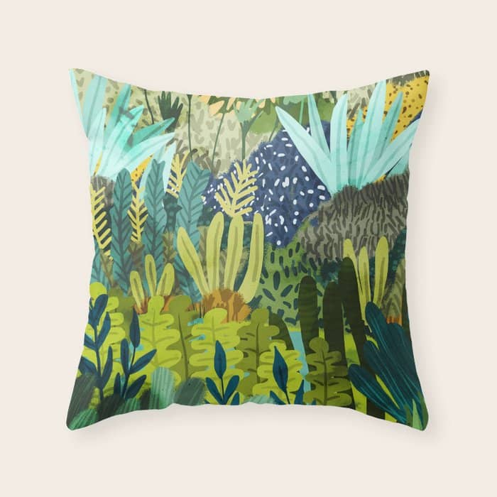Wild Jungle Painting, Forest Dark Botanical Nature, Plants Tropical Eclectic Modern Illustration Throw Pillow