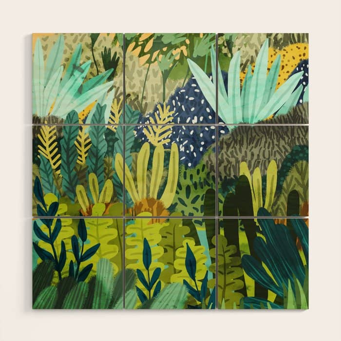 Wild Jungle Painting, Forest Dark Botanical Nature, Plants Tropical Eclectic Modern Illustration Wood Wall Art