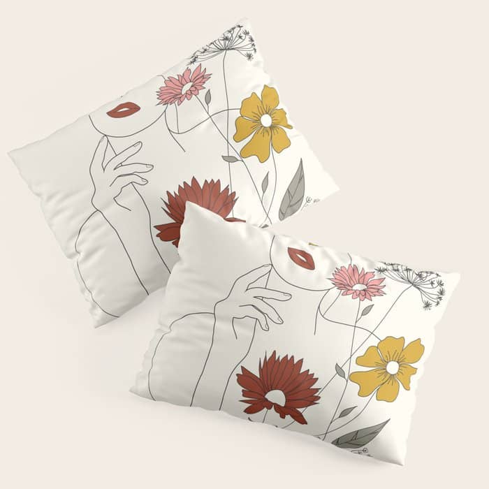 Colorful Thoughts Minimal Line Art Woman With Flowers Iii Pillow Sham
