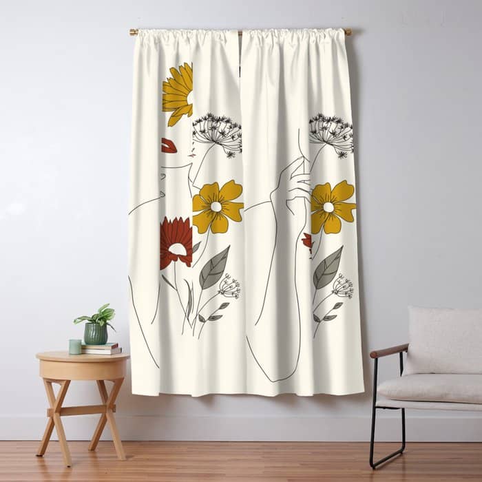 Colorful Thoughts Minimal Line Art Woman With Flowers Iii Window Curtain