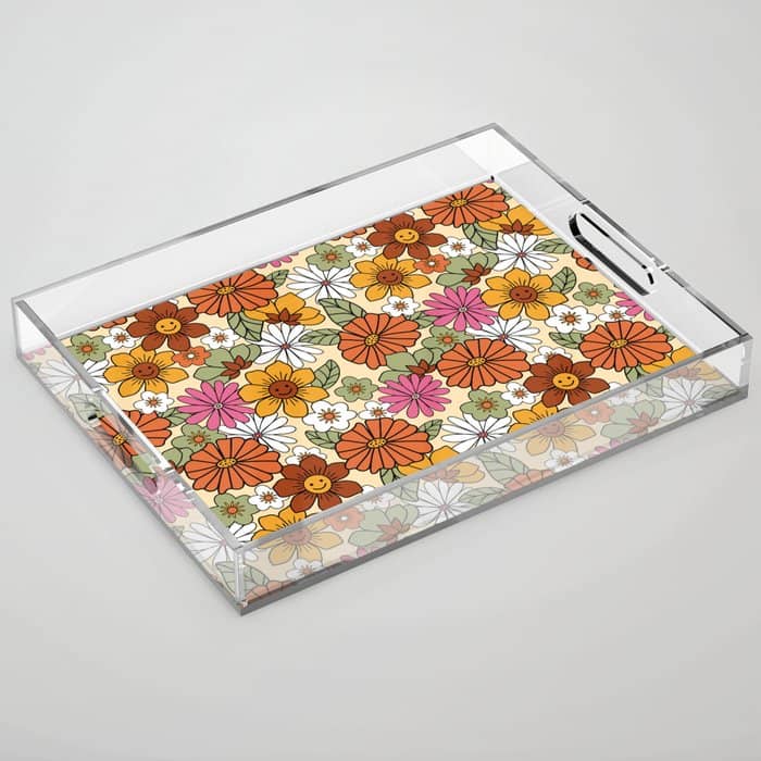 Retro 70s Boho Floral Pattern Acrylic Tray