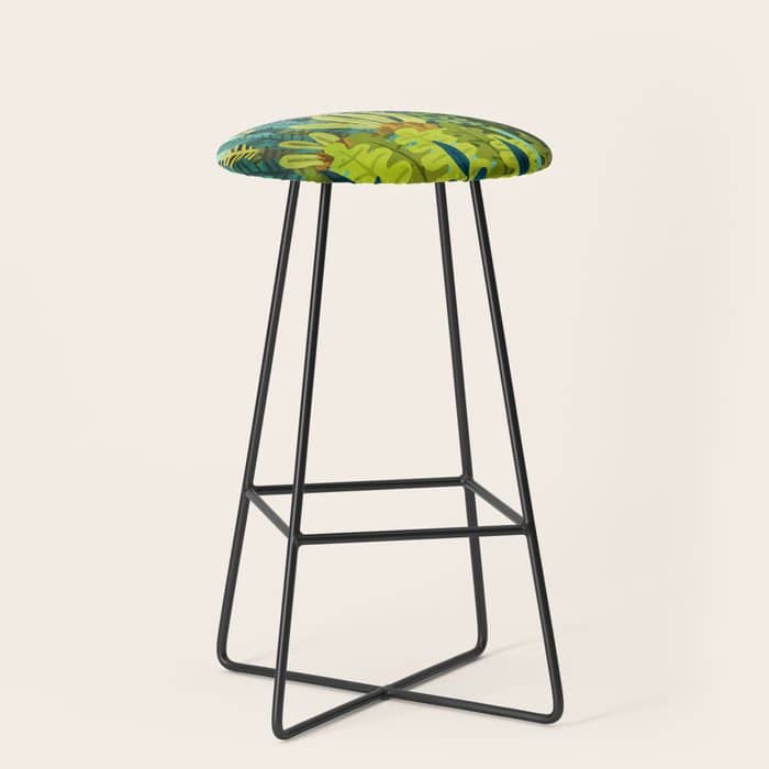 Wild Jungle Painting, Forest Dark Botanical Nature, Plants Tropical Eclectic Modern Illustration Stool