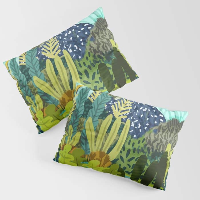 Wild Jungle Painting, Forest Dark Botanical Nature, Plants Tropical Eclectic Modern Illustration Pillow Sham