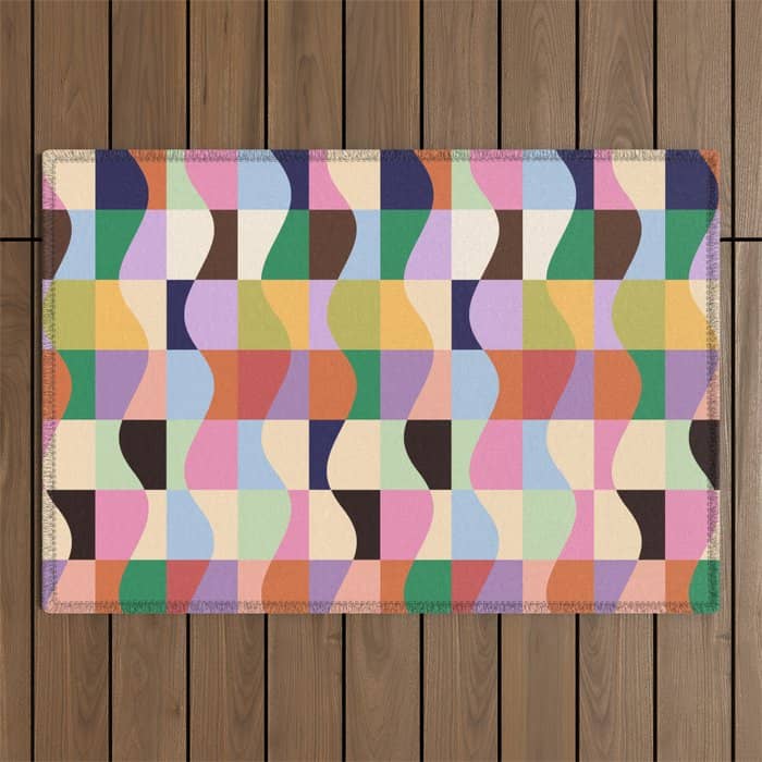 Retro Colorful Wavy Checkerboard Outdoor Rug