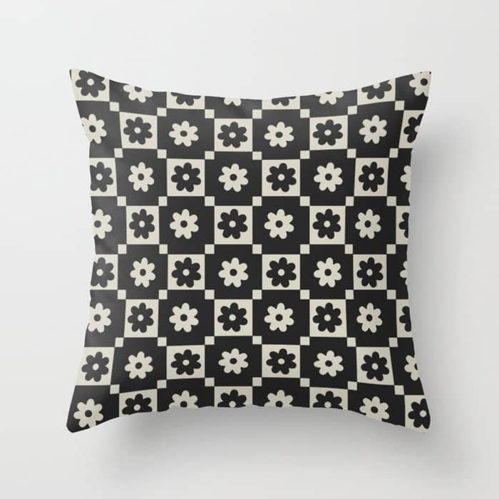 Checkered Daisy - Black Ink Throw Pillow
