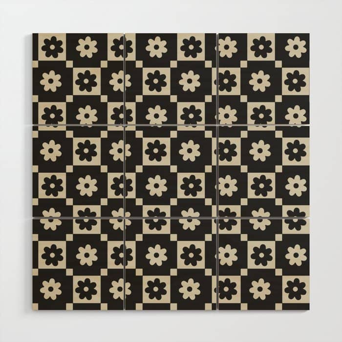Checkered Daisy - Black Ink Wood Wall Art