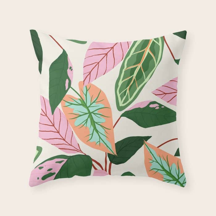 The Inseparable V.01, Nature Botanical Plants, Blush Leaves Modern Boho, Pastel Illustration Garden Throw Pillow