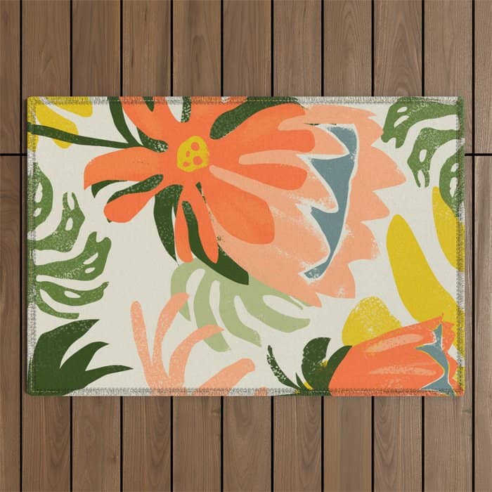 Flowers & Rain, Summer Floral Nature Botanical Painting, Modern Colorful Bohemian Illustration Outdoor Rug