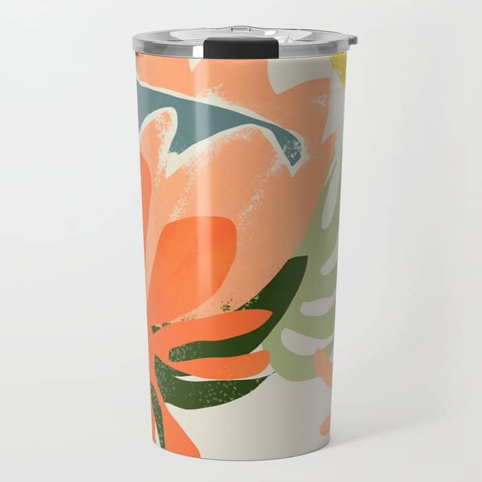 Flowers & Rain, Summer Floral Nature Botanical Painting, Modern Colorful Bohemian Illustration Travel Mug