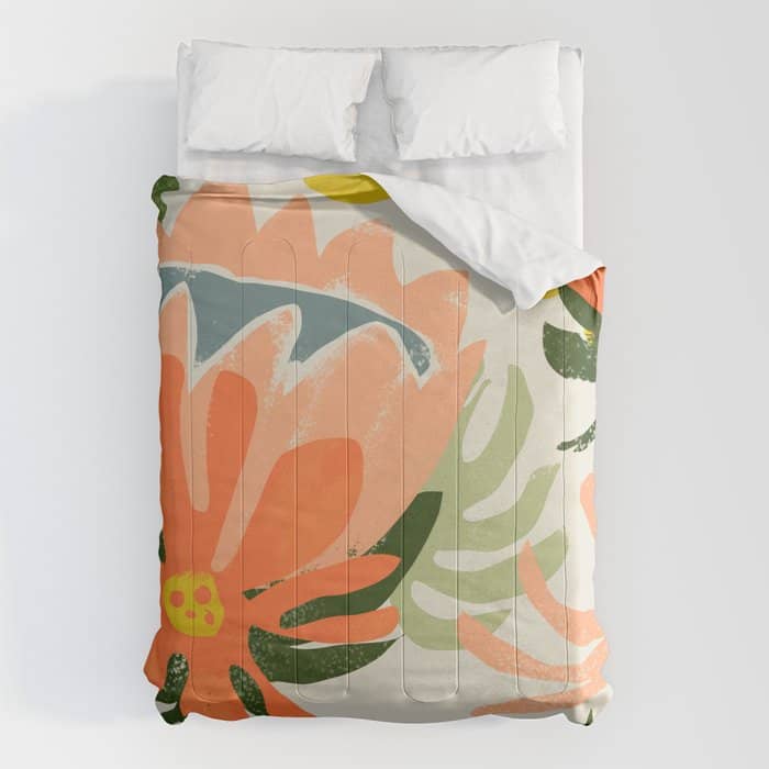 Flowers & Rain, Summer Floral Nature Botanical Painting, Modern Colorful Bohemian Illustration Comforter