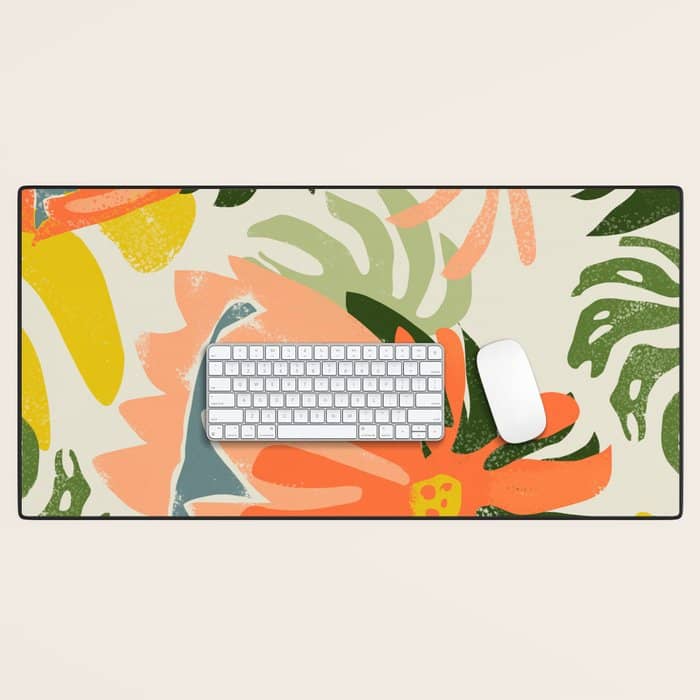 Flowers & Rain, Summer Floral Nature Botanical Painting, Modern Colorful Bohemian Illustration Desk Mat