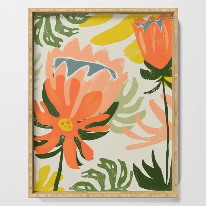 Flowers & Rain, Summer Floral Nature Botanical Painting, Modern Colorful Bohemian Illustration Serving Tray