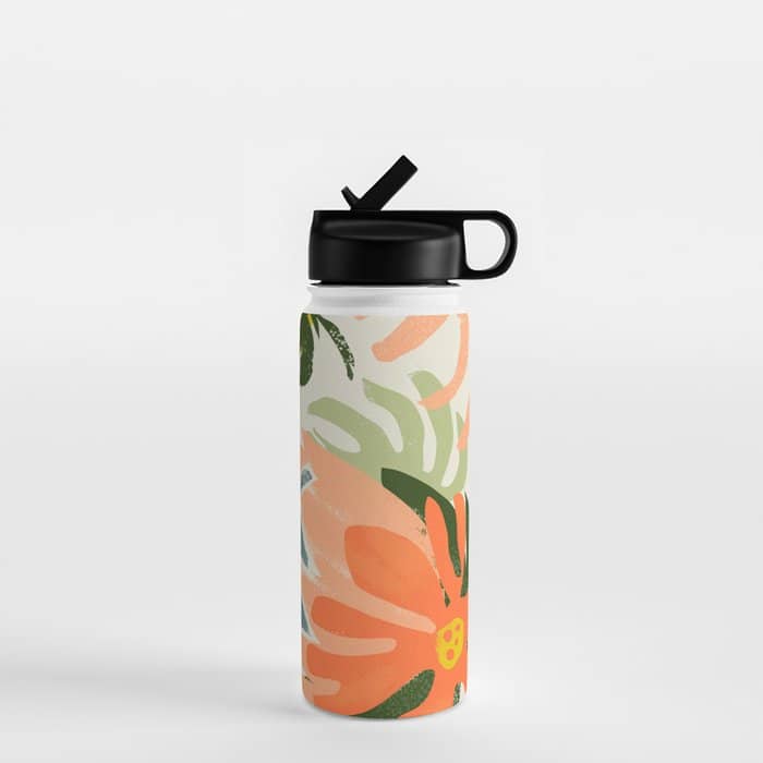 Flowers & Rain, Summer Floral Nature Botanical Painting, Modern Colorful Bohemian Illustration Water Bottle