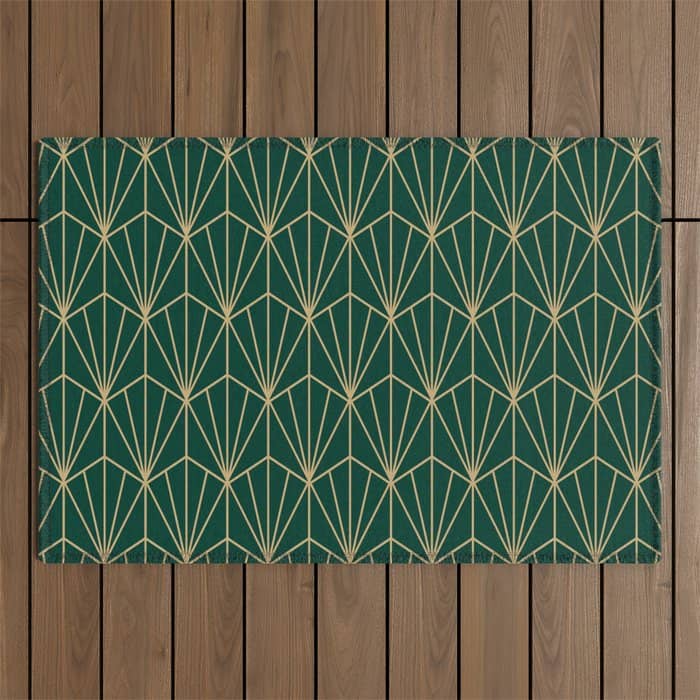 Art Deco Vector In Green And Gold Outdoor Rug