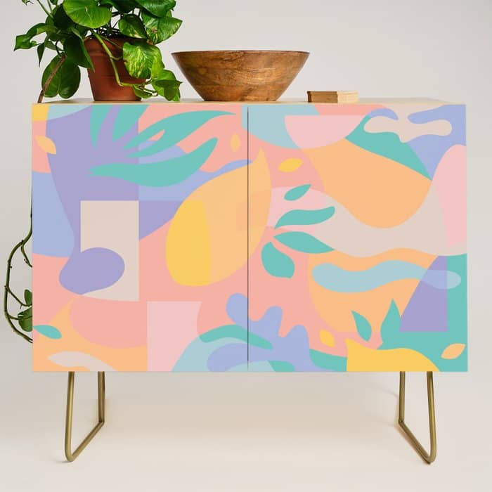 Lemons In Amalfi / Abstract Shapes, Pink, Turquoise, Yellow, Lavender Credenza