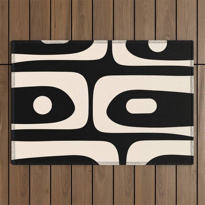 Mid Century Modern Piquet Abstract Pattern In Black And Almond Cream Outdoor Rug