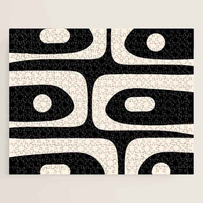 Mid Century Modern Piquet Abstract Pattern In Black And Almond Cream Jigsaw Puzzle