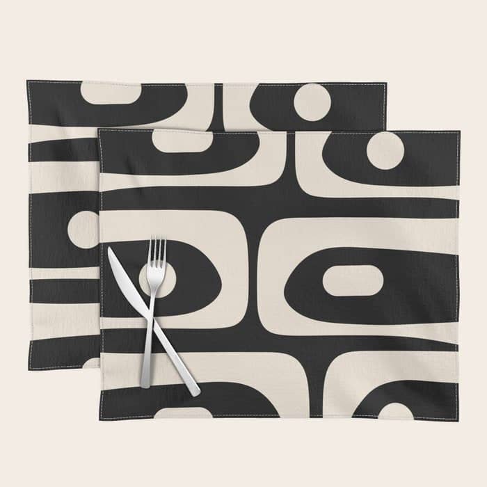 Mid Century Modern Piquet Abstract Pattern In Black And Almond Cream Placemat