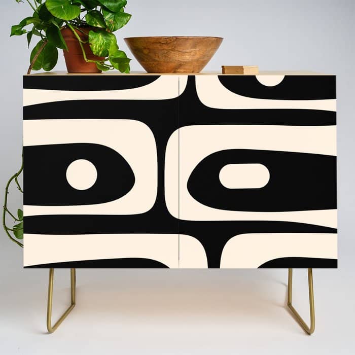 Mid Century Modern Piquet Abstract Pattern In Black And Almond Cream Credenza