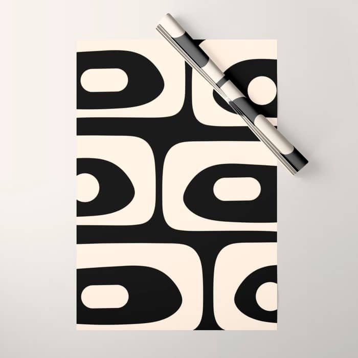 Mid Century Modern Piquet Abstract Pattern In Black And Almond Cream Wrapping Paper